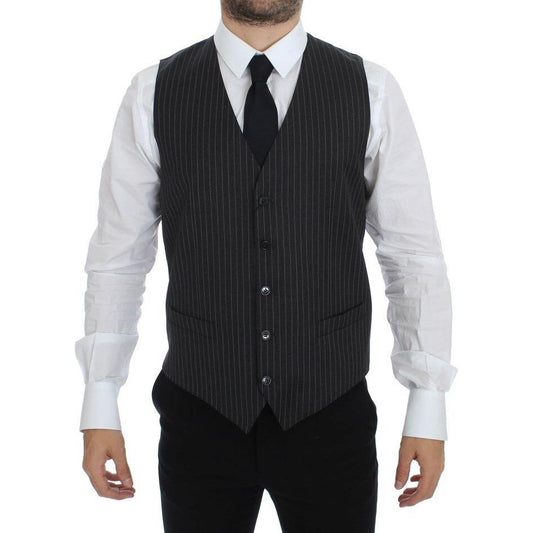 Dolce & Gabbana Gray Striped Wool Single Breasted Vest Dolce & Gabbana
