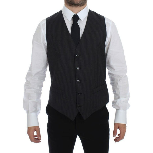 Dolce & Gabbana Gray Striped Wool Single Breasted Vest Dolce & Gabbana