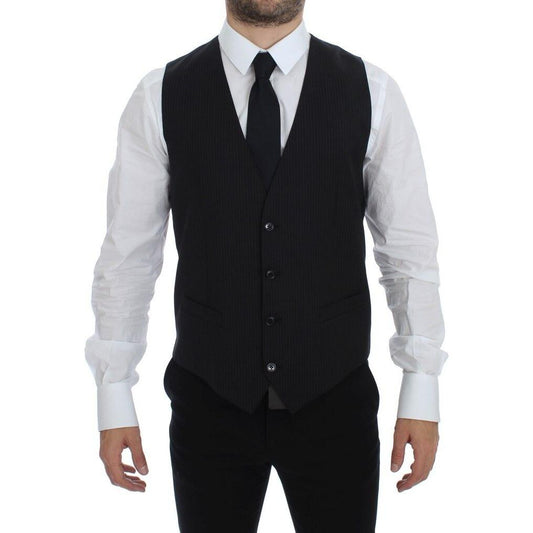 Dolce & Gabbana Black Striped Wool Single Breasted Vest Dolce & Gabbana