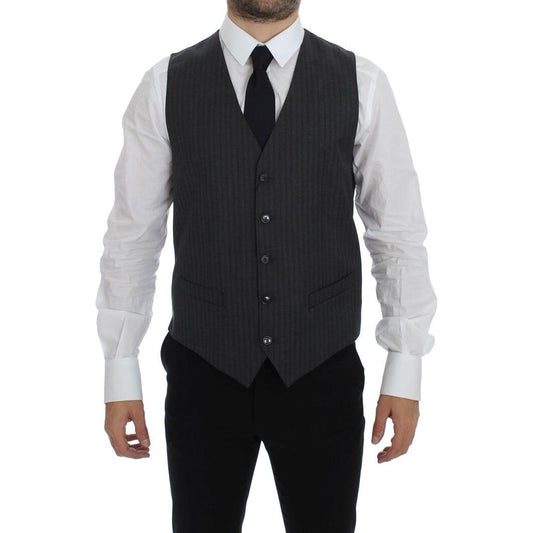 Dolce & Gabbana Gray Striped Wool Single Breasted Vest Dolce & Gabbana