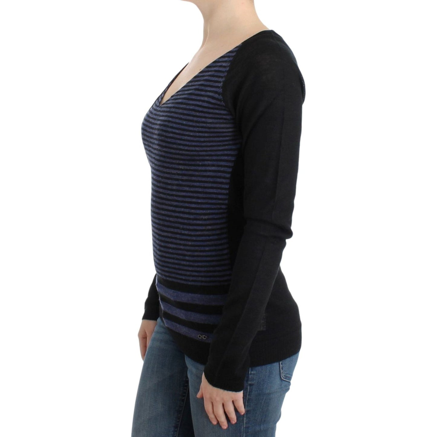 Costume National Chic Striped V-Neck Wool Blend Sweater Costume National