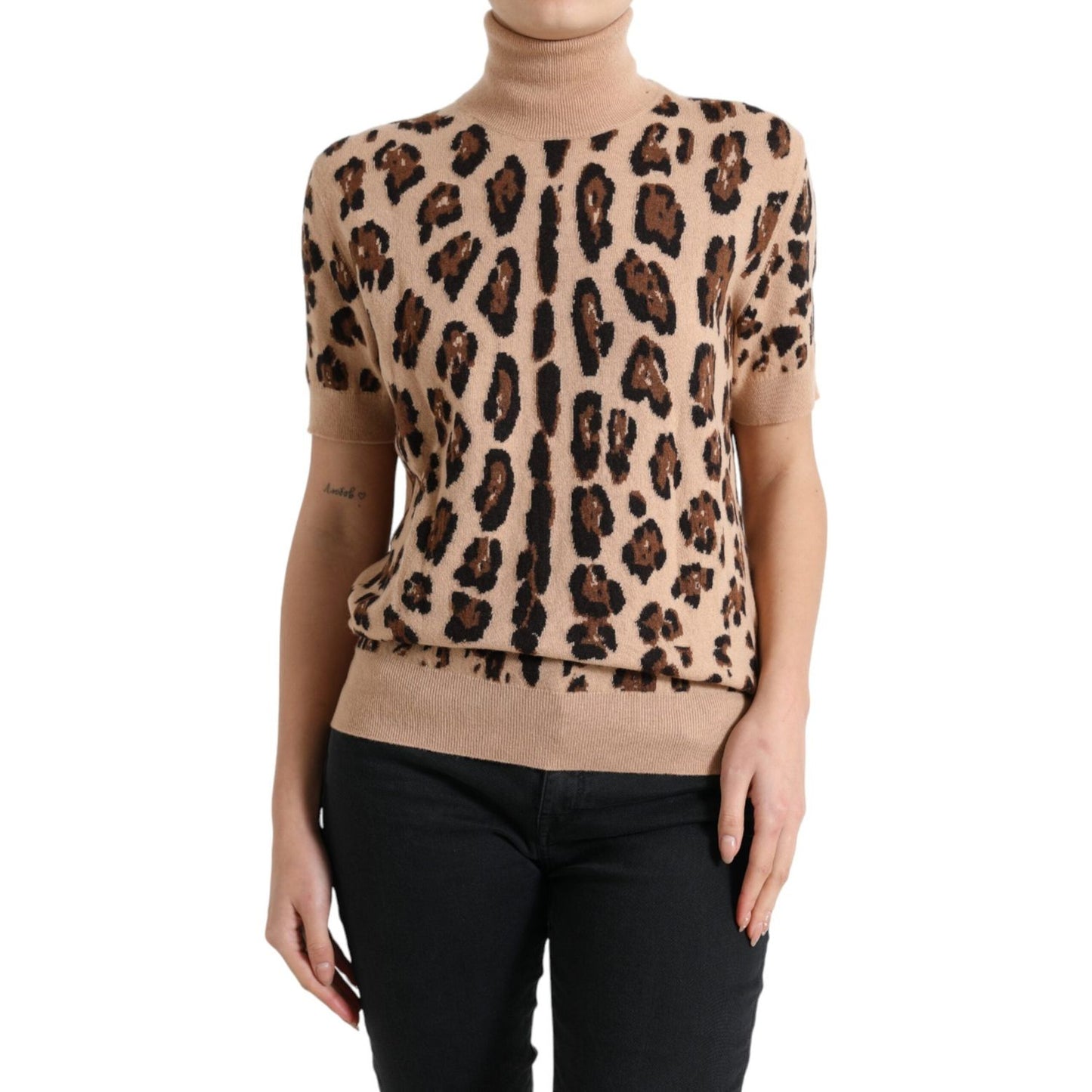 Dolce & Gabbana Elegant Beige Leopard Turtleneck Wool Top Dolce & Gabbana