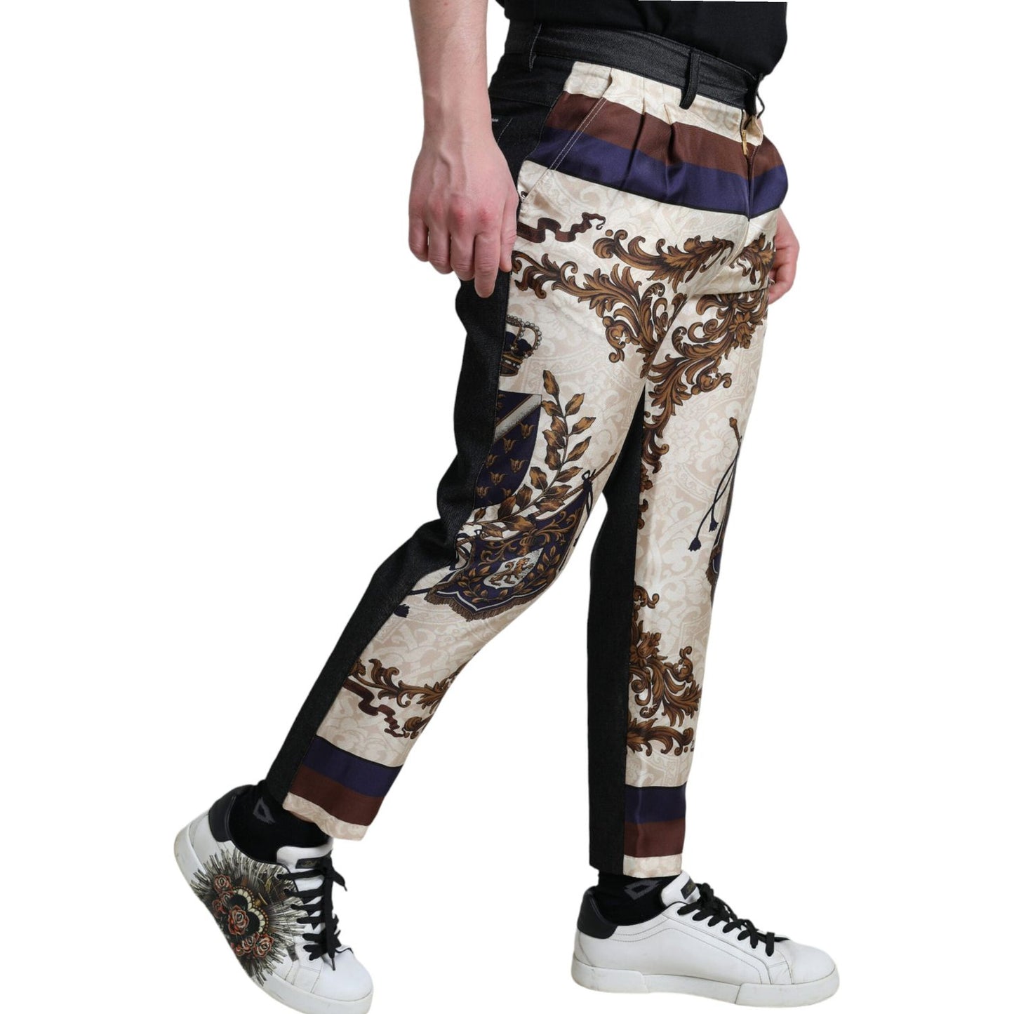 Dolce & Gabbana Elegant Silk Skinny Pants with Heraldic Print Dolce & Gabbana