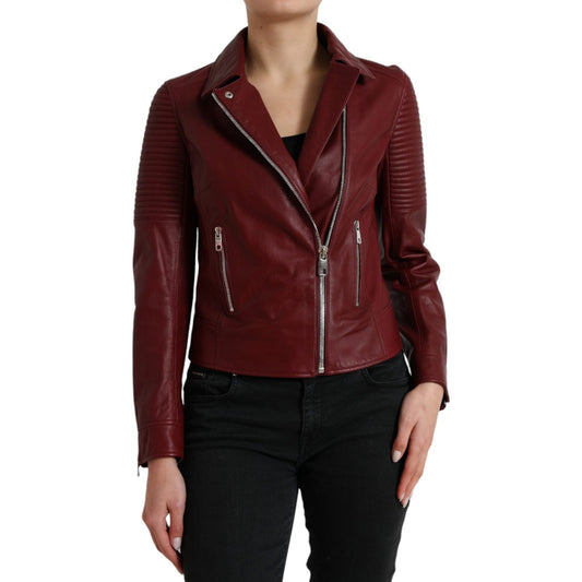 Dolce & Gabbana Bordeaux Leather Biker Coat Lambskin Jacket Dolce & Gabbana