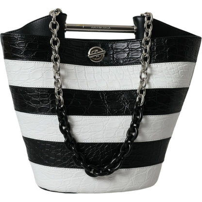 Balenciaga Black White Striped Exotic Skin Leather Maxi Bucket Tote Bag Balenciaga