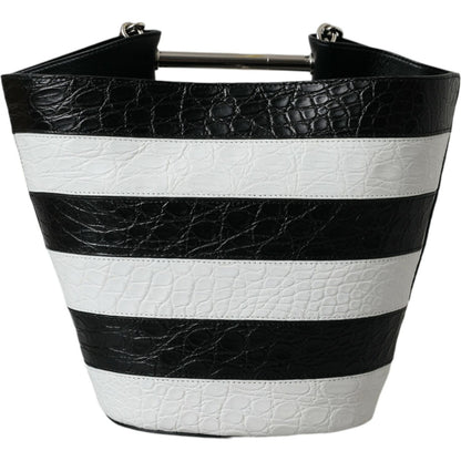 Balenciaga Black White Striped Exotic Skin Leather Maxi Bucket Tote Bag Balenciaga