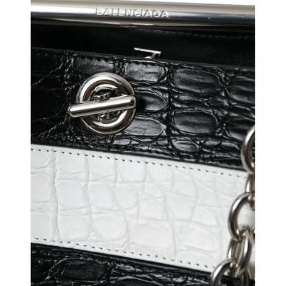 Balenciaga Black White Striped Exotic Skin Leather Maxi Bucket Tote Bag Balenciaga
