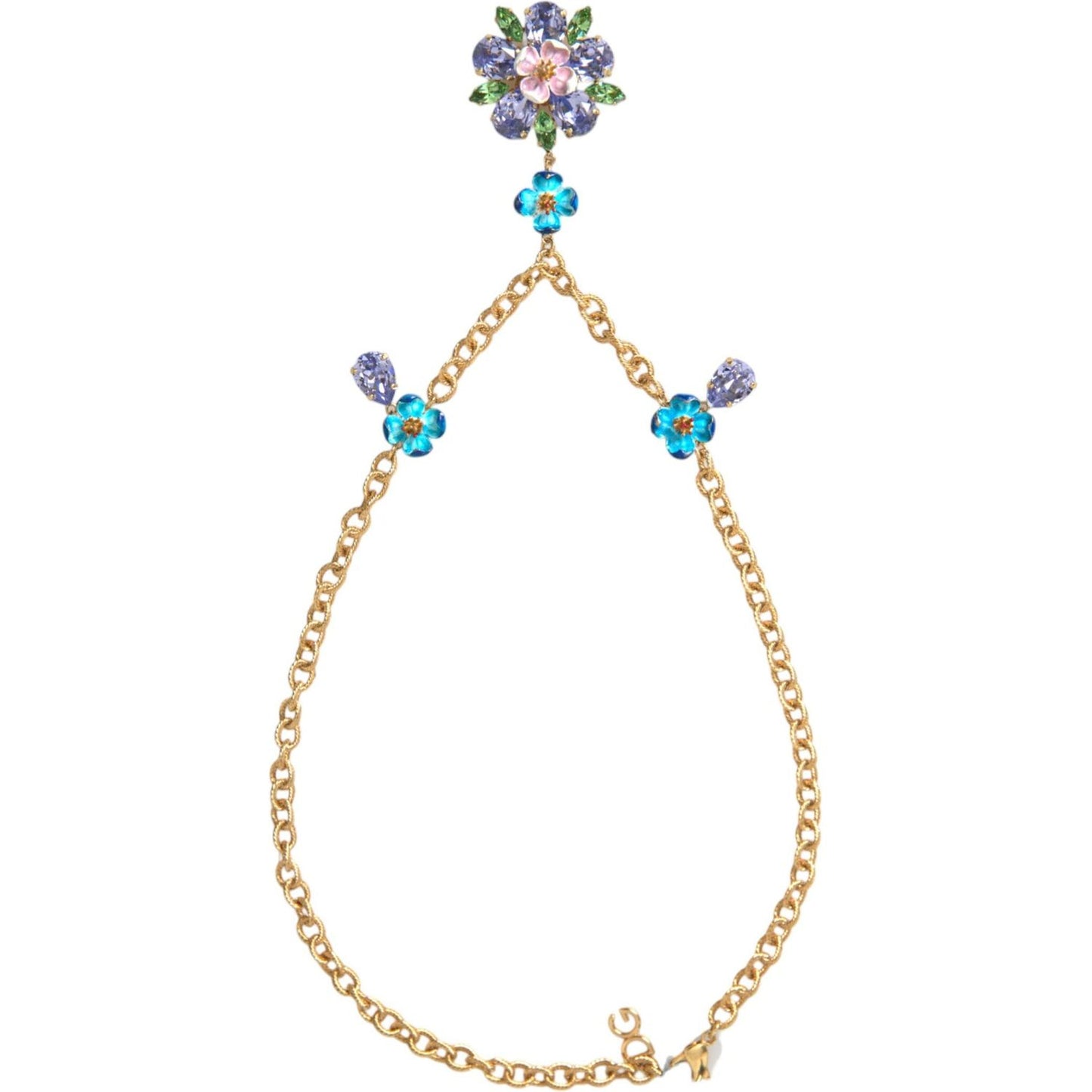 Dolce & Gabbana Gold Brass Chain Crystal Floral Pendant Charm Necklace Necklace Dolce & Gabbana