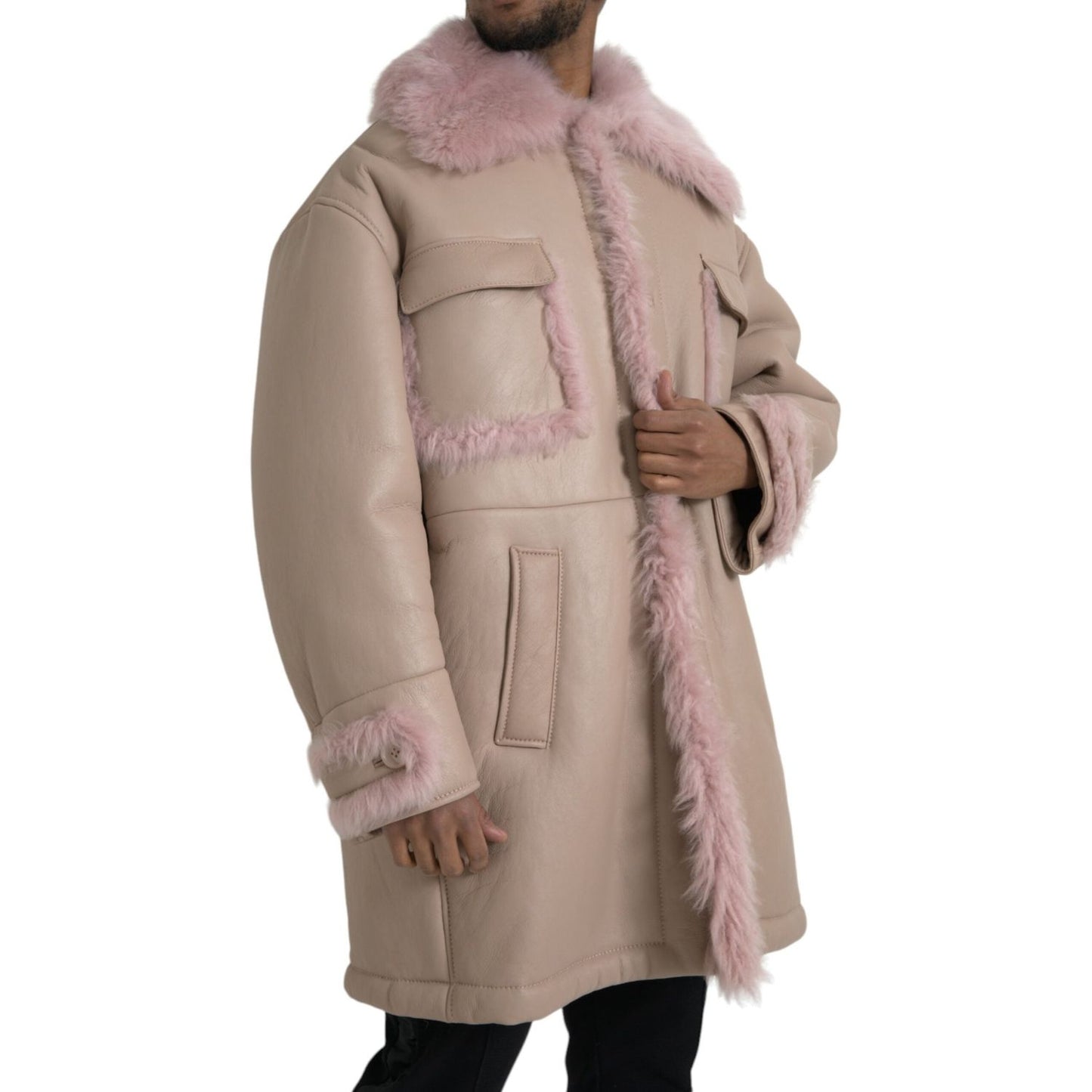 Dolce & Gabbana Beige Pink Lamb Leather Shearling Coat Jacket Dolce & Gabbana