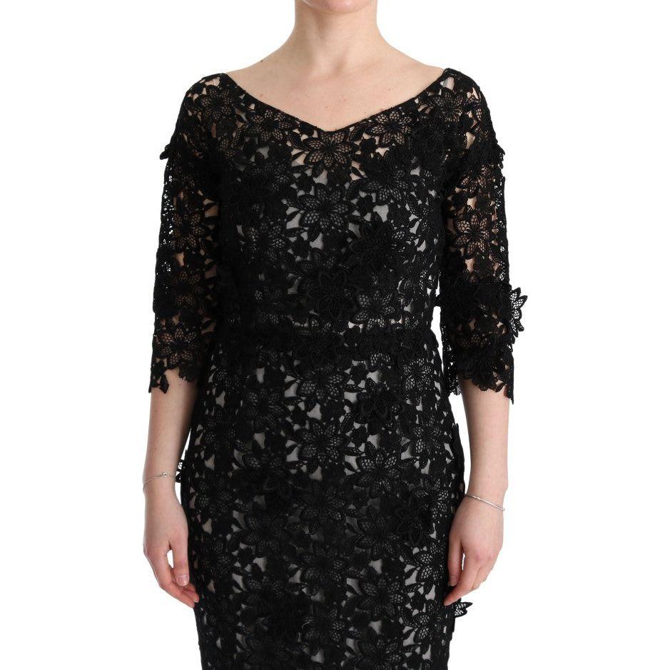 Dolce & Gabbana Elegant Black Maxi Shift Dress with Floral Applique Dresses Dolce & Gabbana