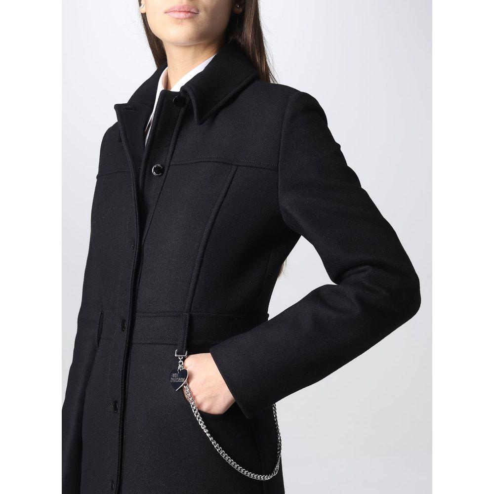 Love Moschino Elegant Black Wool Coat with Silver Chain Detail Love Moschino