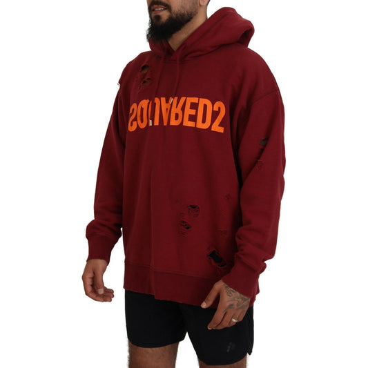 Dsquared² Maroon Cotton Tattered Hooded Printed Pullover Sweater Dsquared²