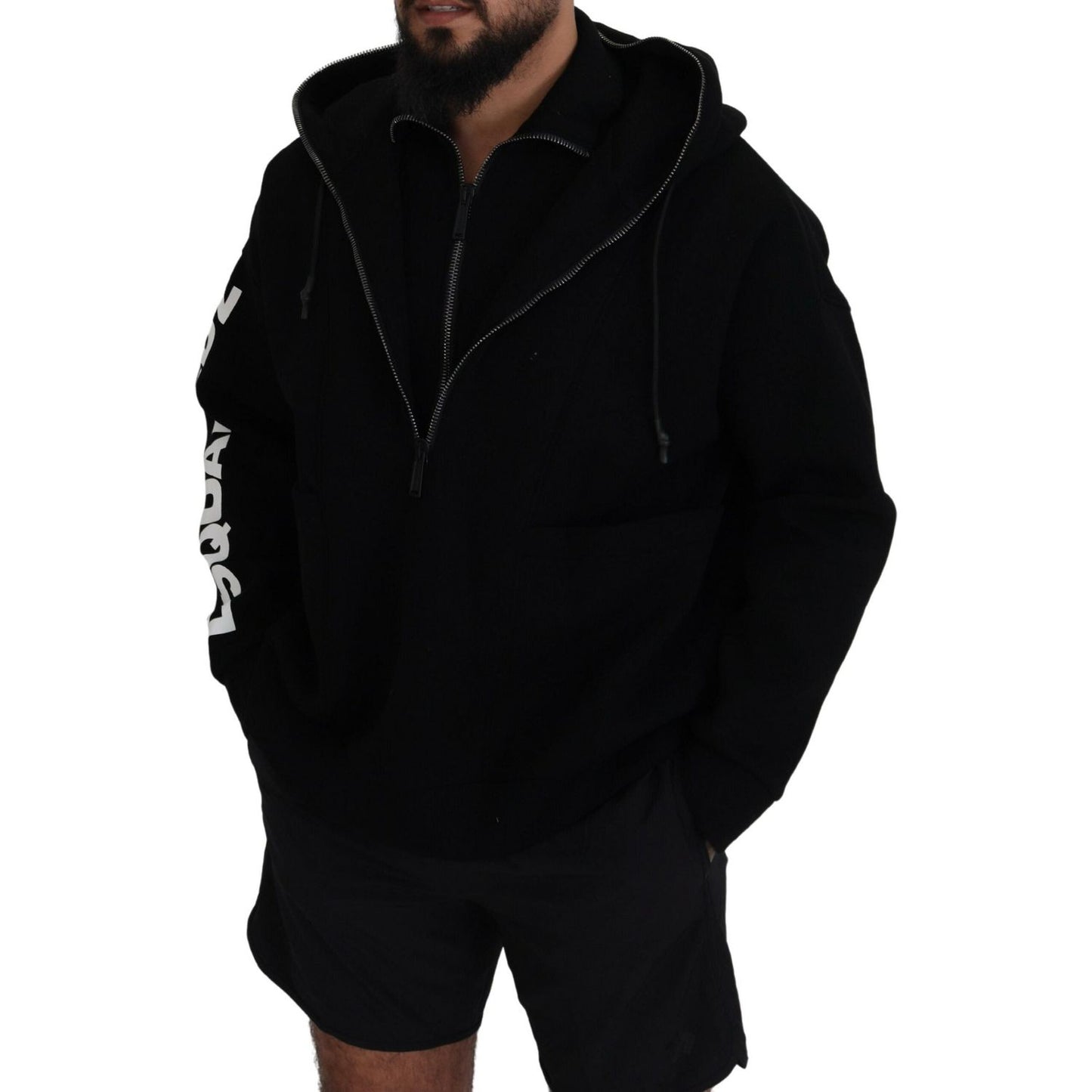 Dsquared² Black Hooded Printed Sleeves Double Zip Sweater Dsquared²