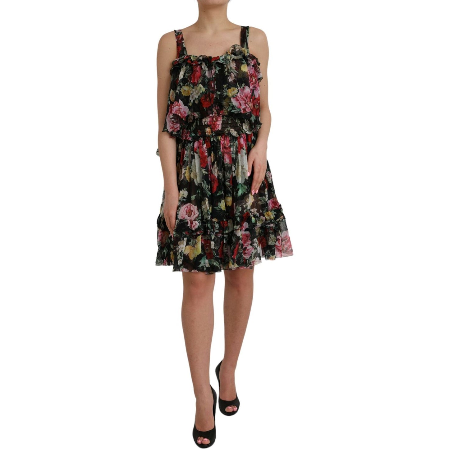 Dolce & Gabbana Black Floral Silk A-line Sleeveless Dress Dolce & Gabbana