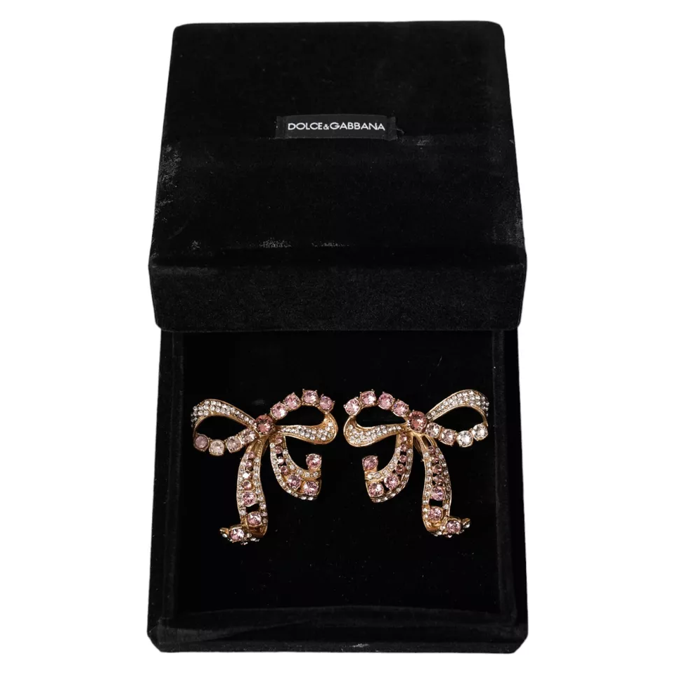 Dolce & Gabbana Gold Brass Pink Clear Crystal Bow Fiocchi Christmas Earrings Dolce & Gabbana