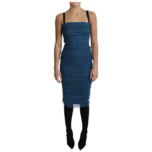 Dolce & Gabbana Blue Draped Tulle Midi Sheath Cotton Dress Dolce & Gabbana