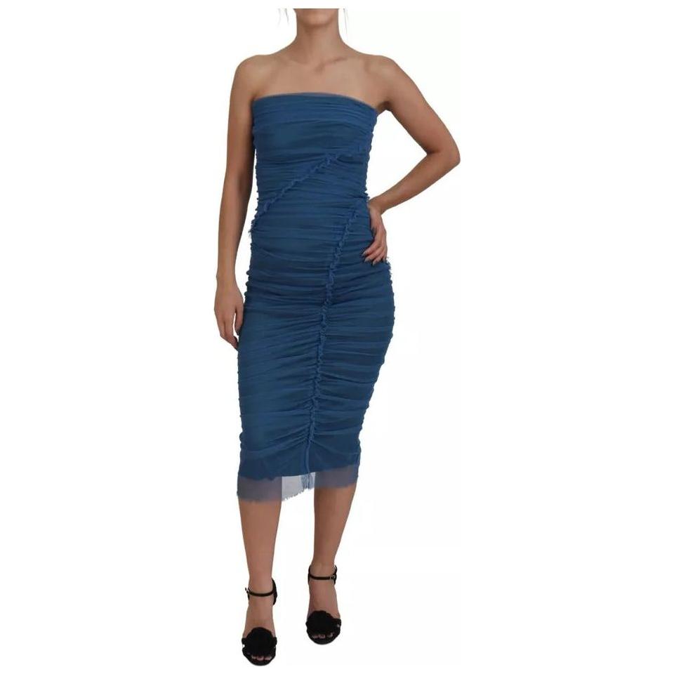 Dolce & Gabbana Blue Mesh Trim Ruched Tulle Sheath Dress Dolce & Gabbana