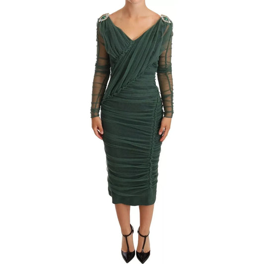 Dolce & Gabbana Green Ruched Stretch Tulle Crystal Midi Dress Dolce & Gabbana