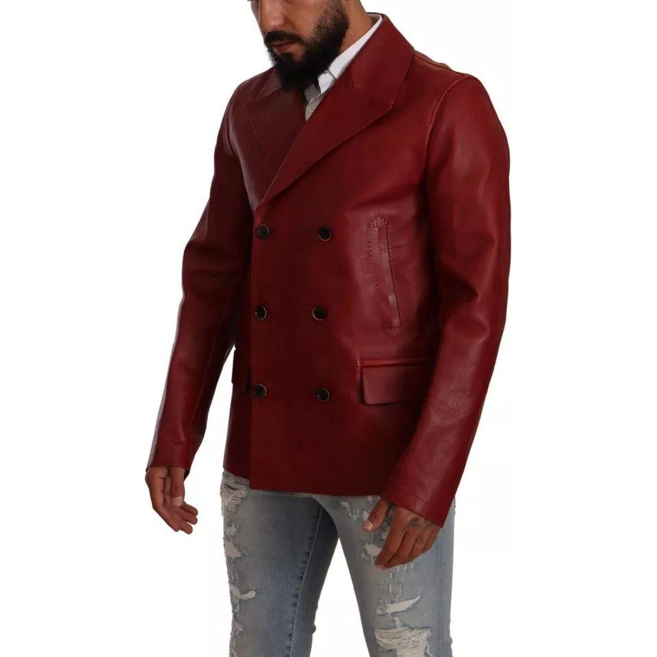 Dolce & Gabbana Red Double Breasted Leather Coat Jacket Dolce & Gabbana