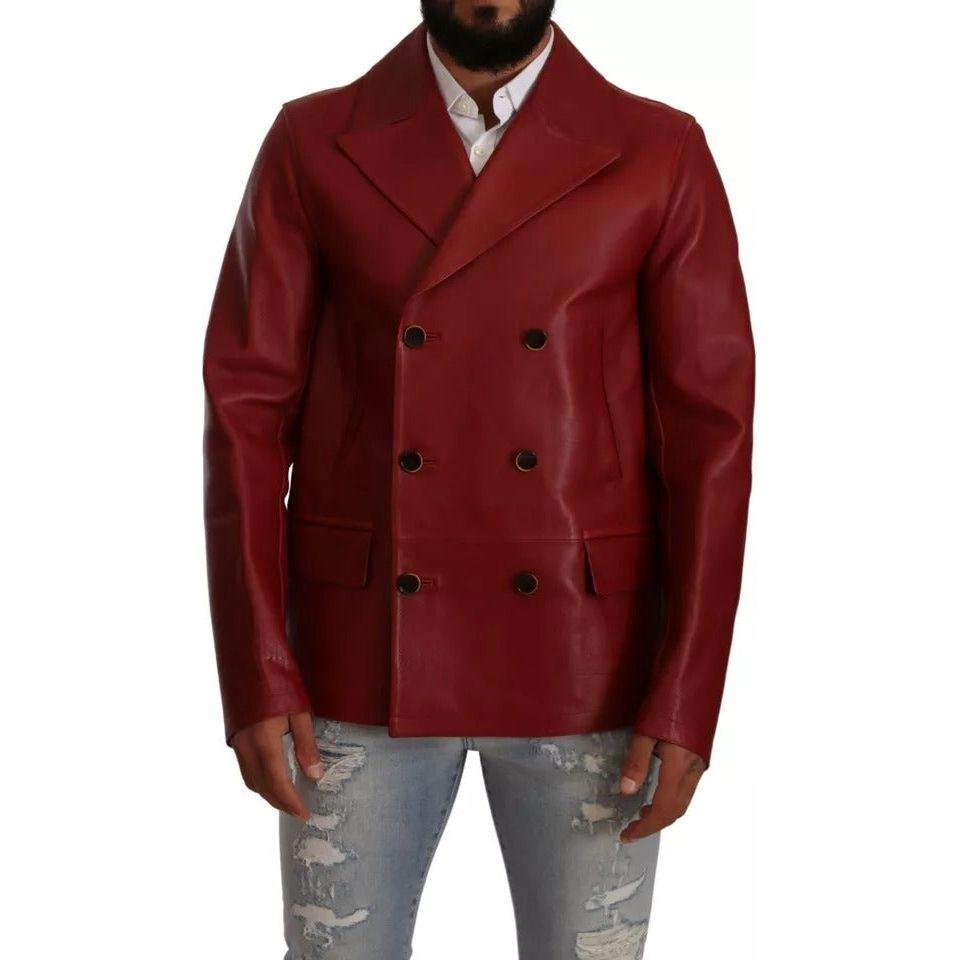 Dolce & Gabbana Red Double Breasted Leather Coat Jacket Dolce & Gabbana