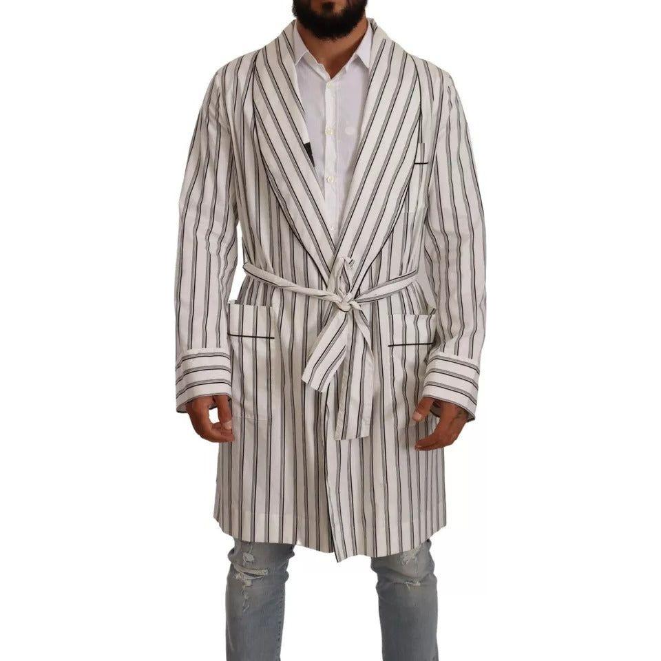 Dolce & Gabbana White Striped Cotton Robe Coat Wrap Jacket Dolce & Gabbana