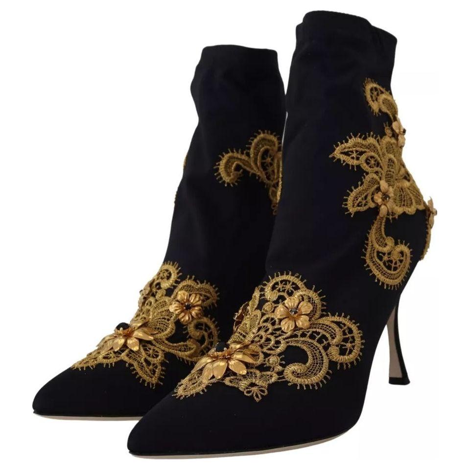 Dolce & Gabbana Black Gold Embroidery Slip On Boots Shoes Dolce & Gabbana