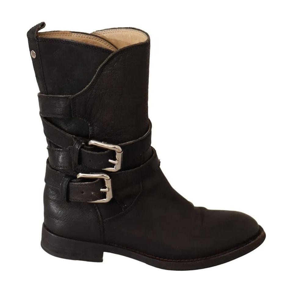 Dolce & Gabbana Black Leather Buckle Mid Calf Boots Shoes Dolce & Gabbana