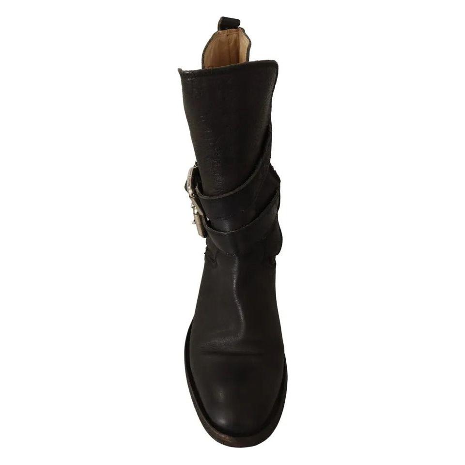 Dolce & Gabbana Black Leather Buckle Mid Calf Boots Shoes Dolce & Gabbana