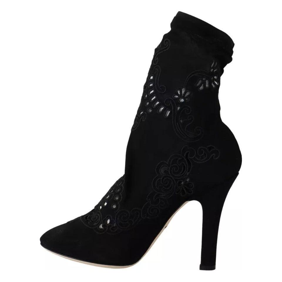 Dolce & Gabbana Black Stretch Pumps Boots Floral Lace Shoes Dolce & Gabbana