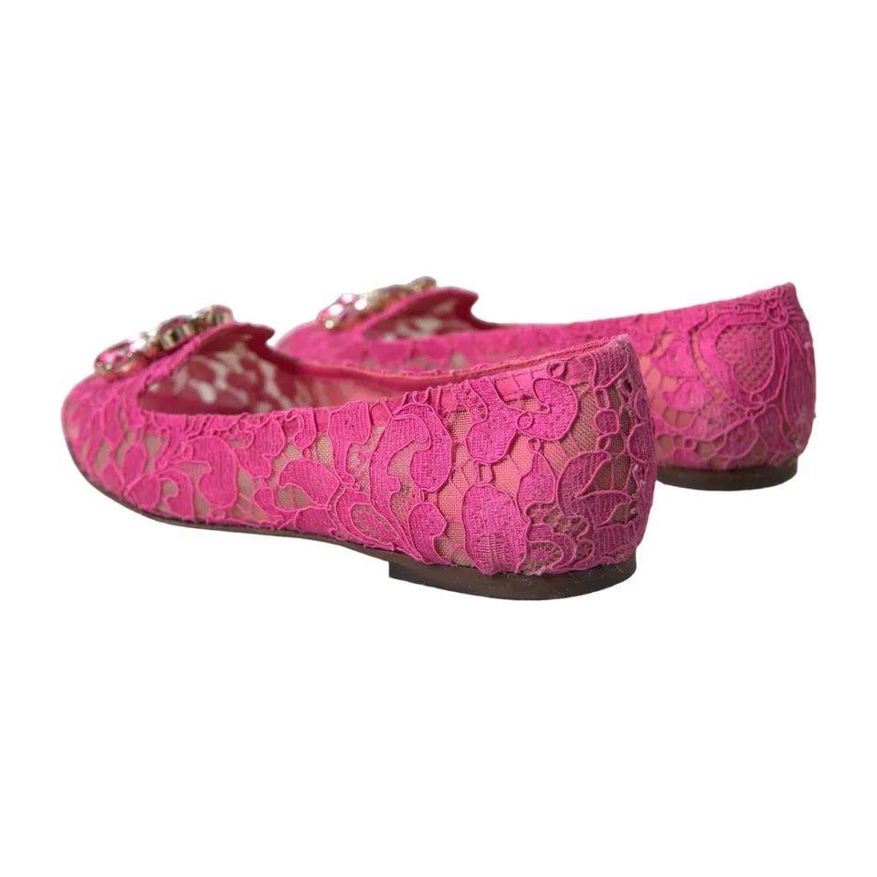 Dolce & Gabbana Pink Lace Crystal Ballet Loafers Shoes Dolce & Gabbana