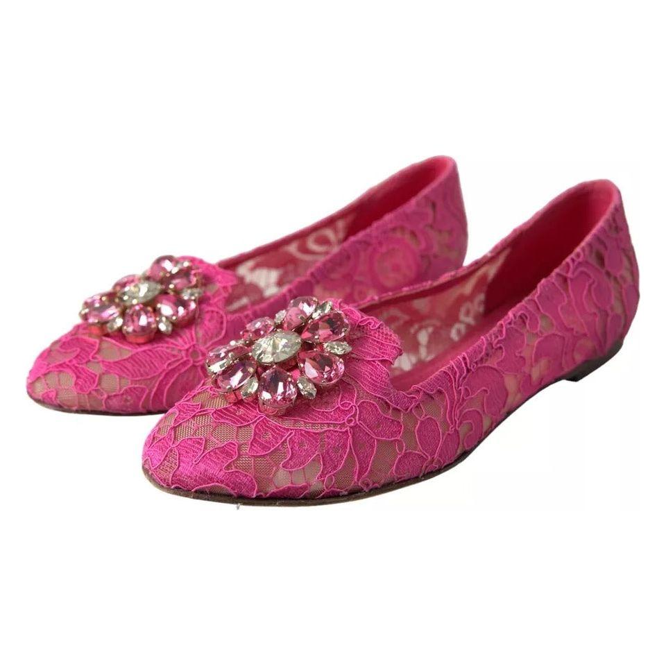 Dolce & Gabbana Pink Lace Crystal Ballet Loafers Shoes Dolce & Gabbana