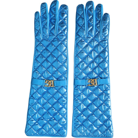 Dolce & Gabbana Blue Leather Quilted Mid Arm Length Gloves Dolce & Gabbana