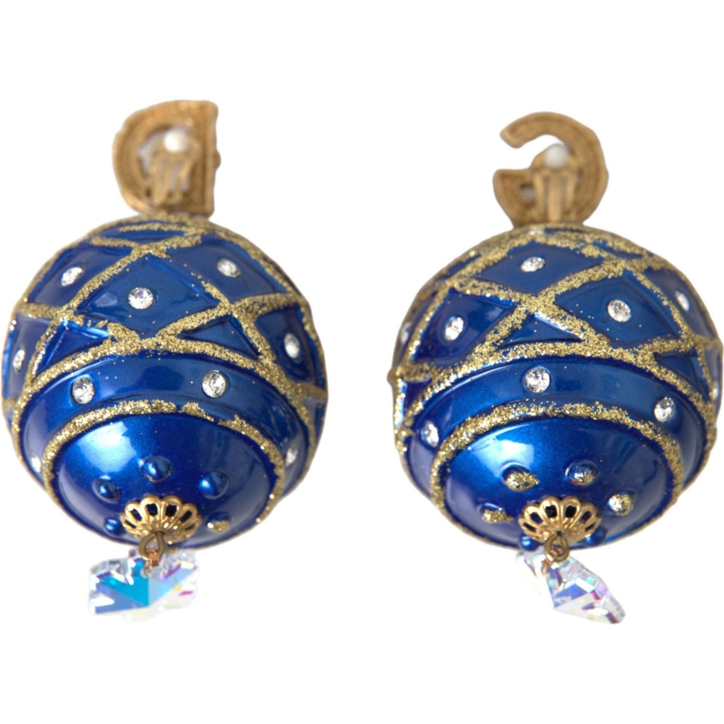 Dolce & Gabbana Gold Brass Blue Dangle Christmas Ball Crystal Clip On Earrings Earrings Dolce & Gabbana