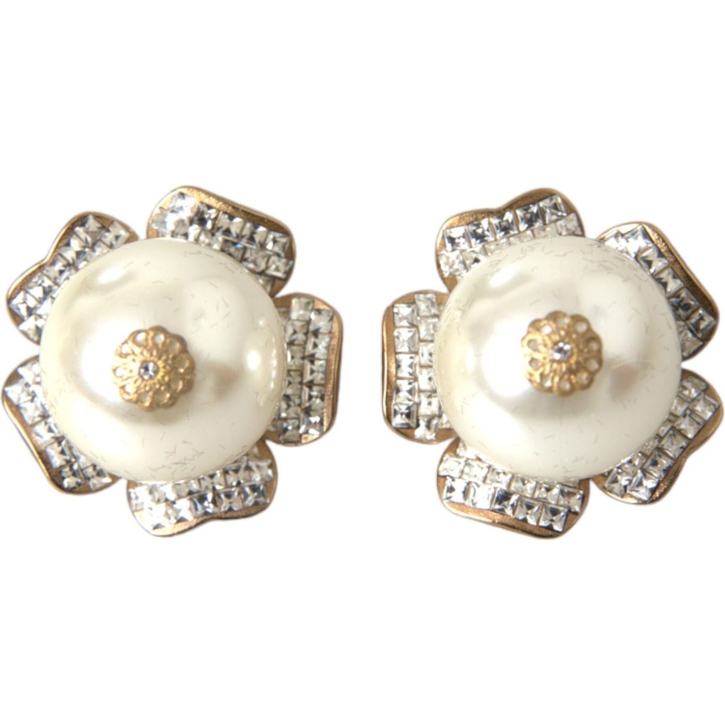 Dolce & Gabbana Gold Tone Maxi Faux Pearl Floral Clip-on Jewelry Earrings Earrings Dolce & Gabbana