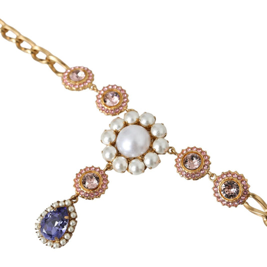 Dolce & Gabbana Gold Brass Crystal Purple Pink Pearl Pendants Necklace Necklace Dolce & Gabbana