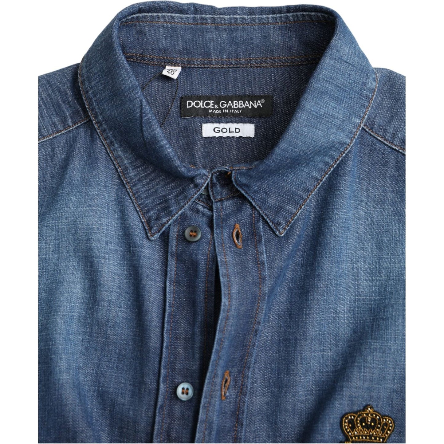 Dolce & Gabbana Blue Crown Bee Cotton Denim GOLD Shirt Dolce & Gabbana