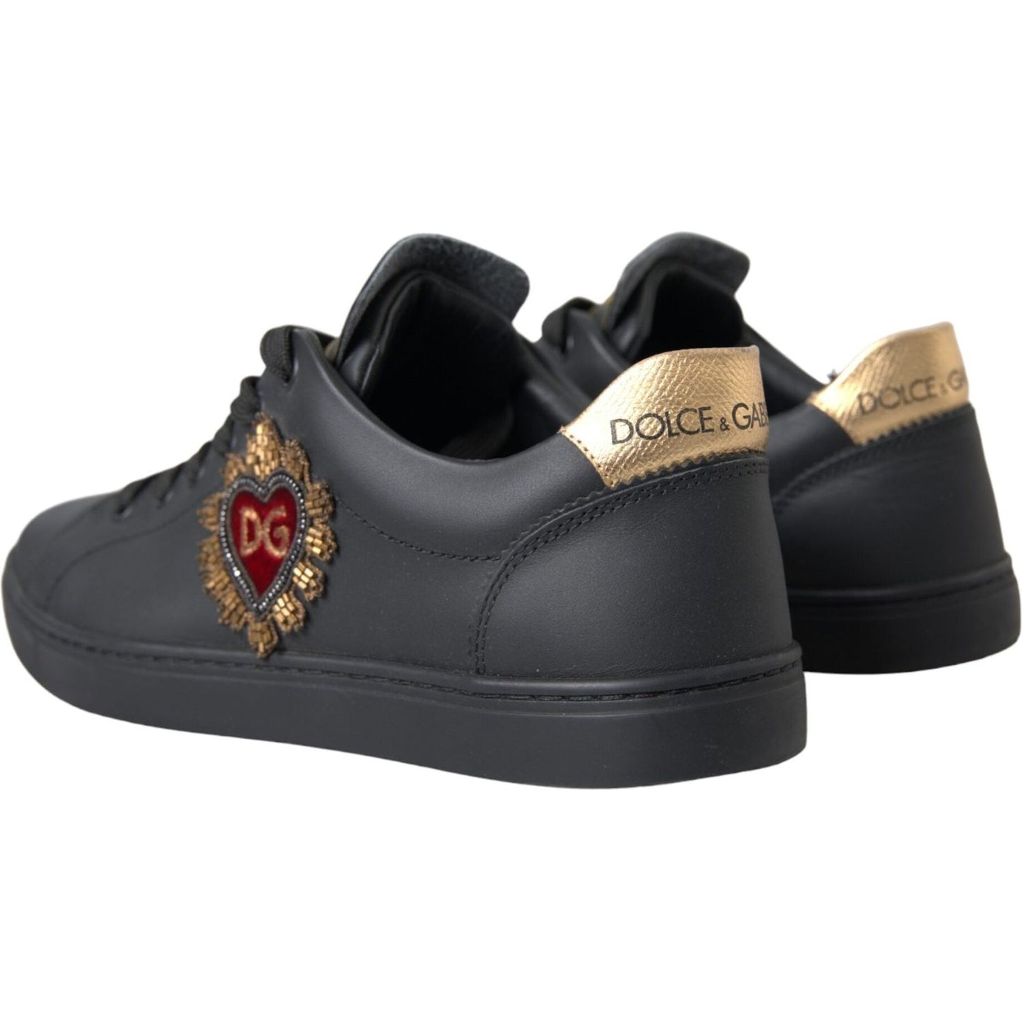 Dolce & Gabbana Black Leather Heart Embellished Sneakers Shoes Dolce & Gabbana