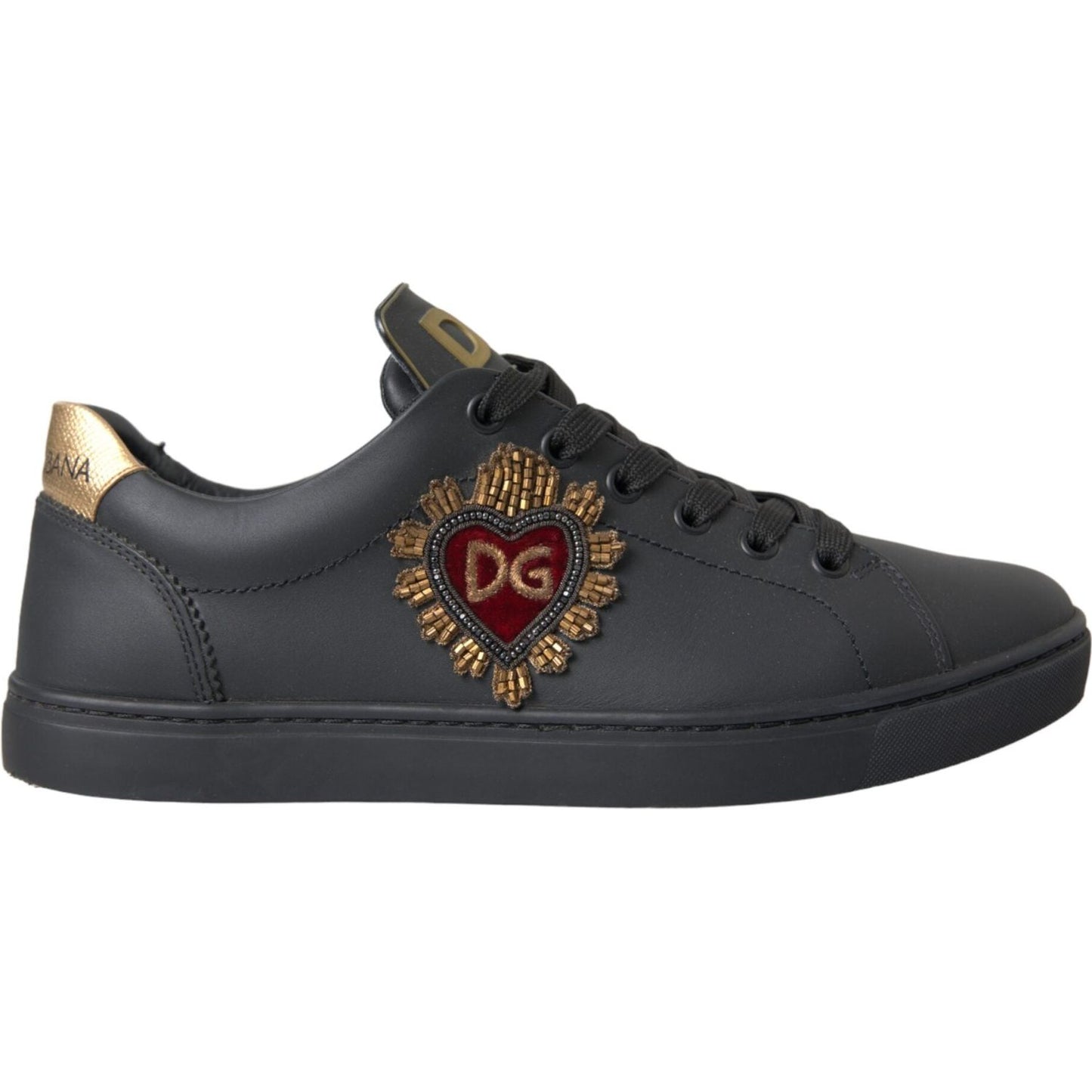 Dolce & Gabbana Black Leather Heart Embellished Sneakers Shoes Dolce & Gabbana