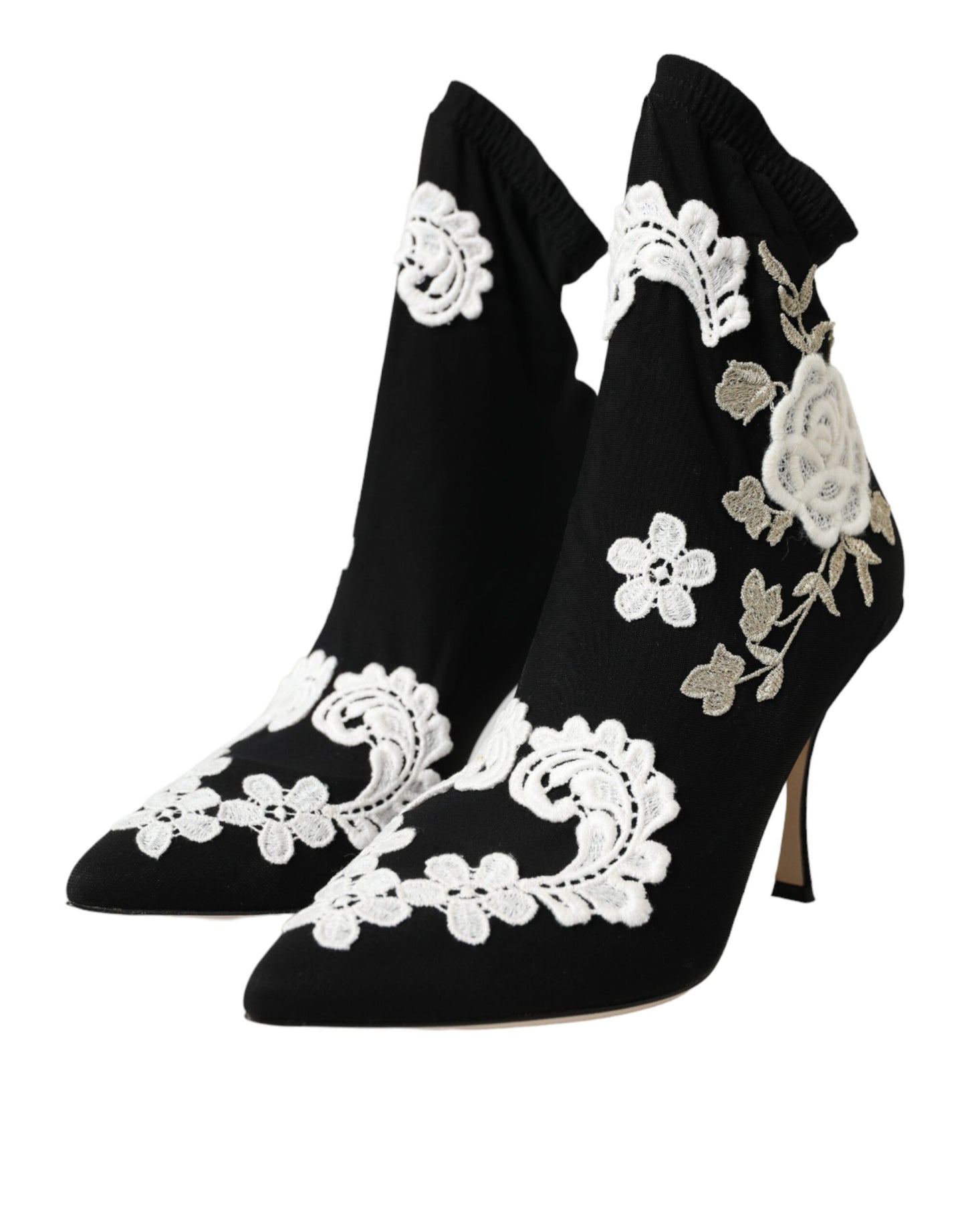 Dolce & Gabbana Black White Embroidery Slip On Boots Shoes