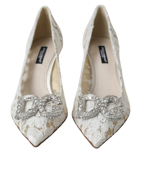 Dolce & Gabbana White Floral Lace DG Crystal Pumps Shoes Dolce & Gabbana