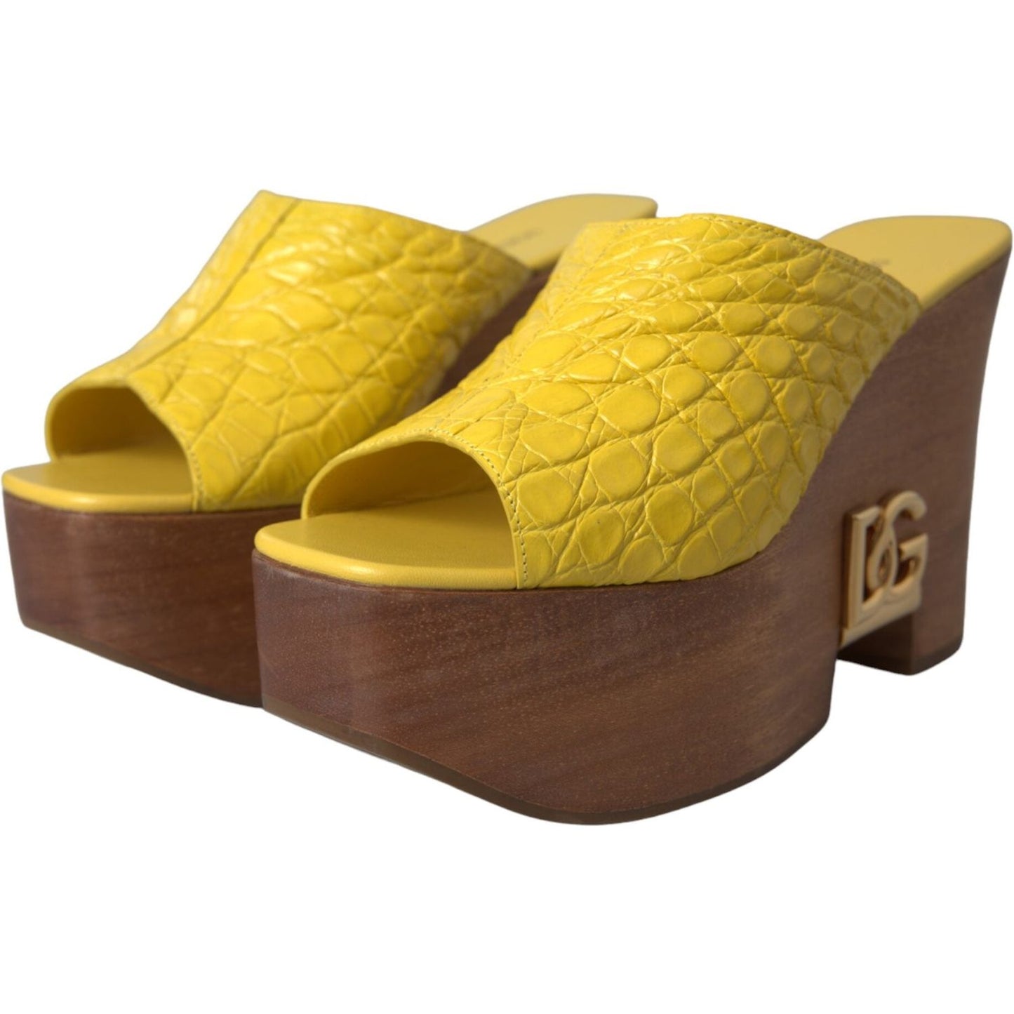 Dolce & Gabbana Yellow Leather Wood Mule Wedge Slides Shoes Dolce & Gabbana