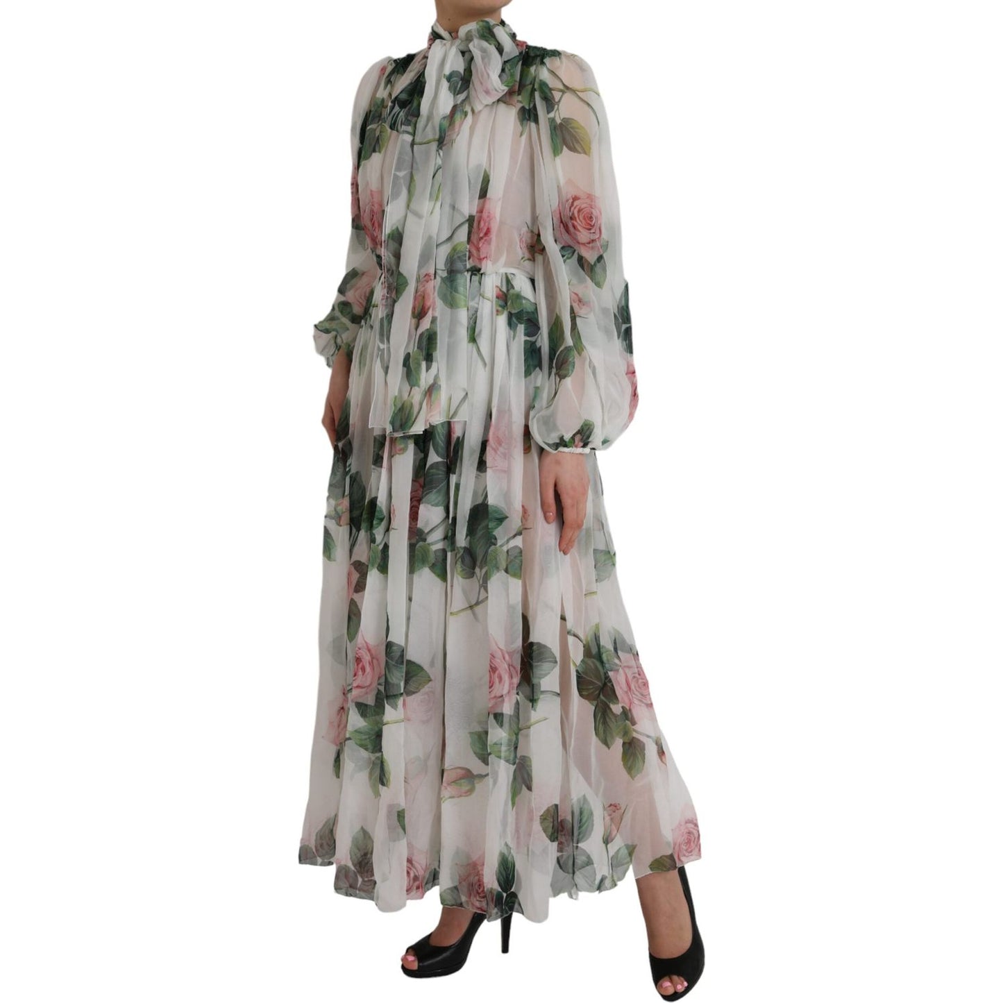 Dolce & Gabbana White Silk Floral Print Long Maxi Dress Dolce & Gabbana