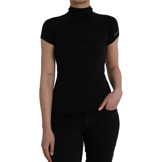 Costume National Black Turtleneck Viscose Short Sleeve Top Costume National