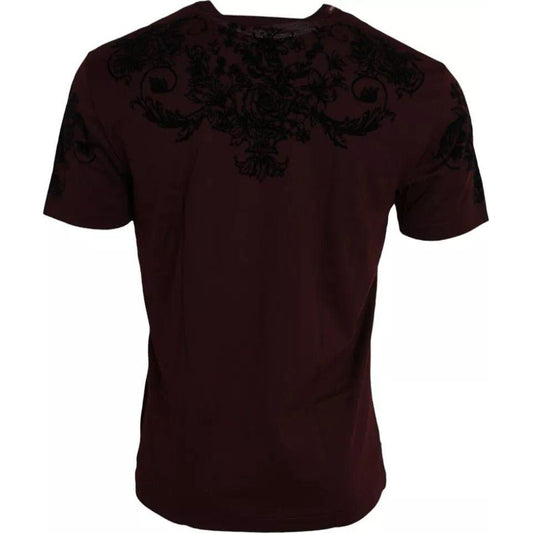 Dolce & Gabbana Maroon DG Crown Floral Crewneck Men T-shirt Dolce & Gabbana