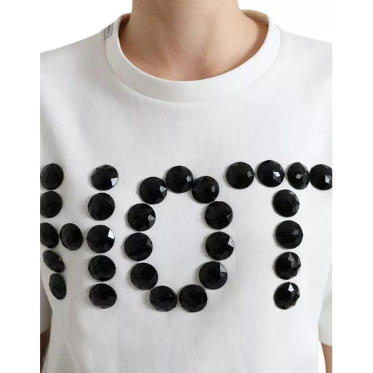 Dolce & Gabbana White Cotton Stretch Black HOT Crystal T-shirt Dolce & Gabbana