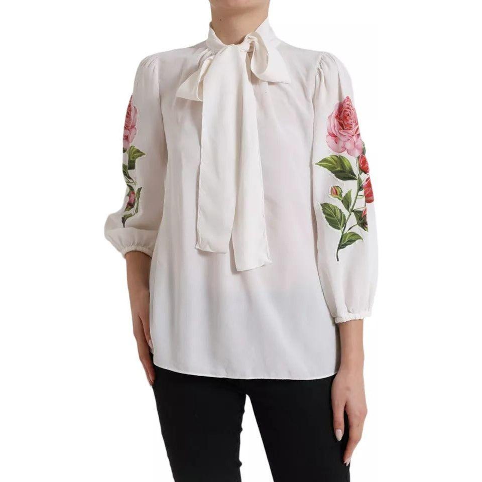 Dolce & Gabbana White Floral Silk Ascot Collared Top Blouse Dolce & Gabbana