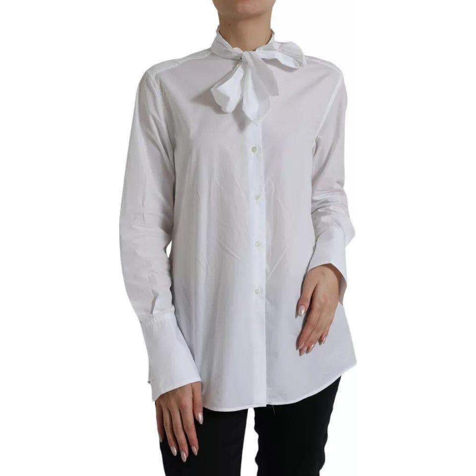 Dolce & Gabbana White Cotton Ascot Collar Long Sleeves Top Dolce & Gabbana