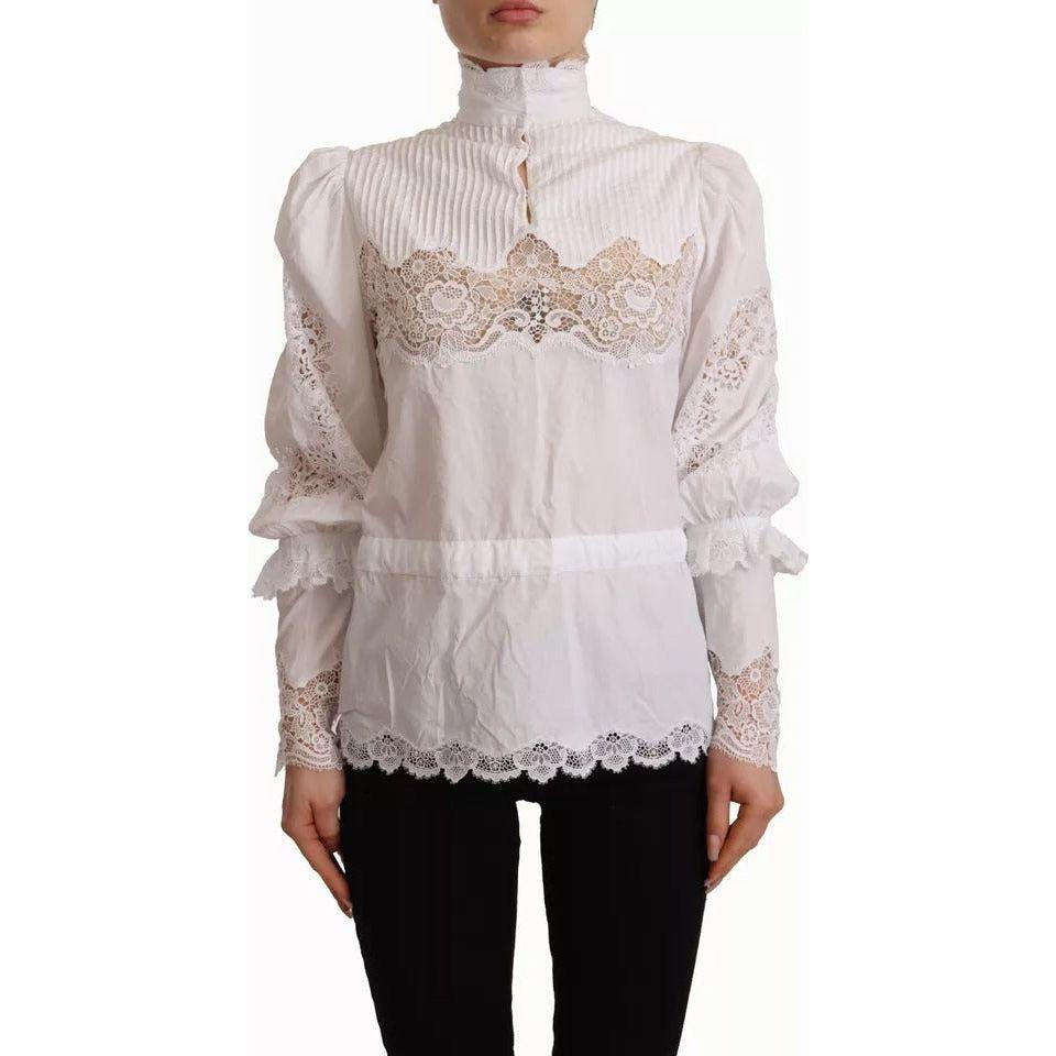 Dolce & Gabbana White Cotton Lace Trim Turtle Neck Blouse Top Dolce & Gabbana