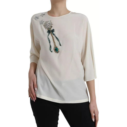 Dolce & Gabbana White Silk Crystal 3/4 Sleeves Blouse Top Dolce & Gabbana