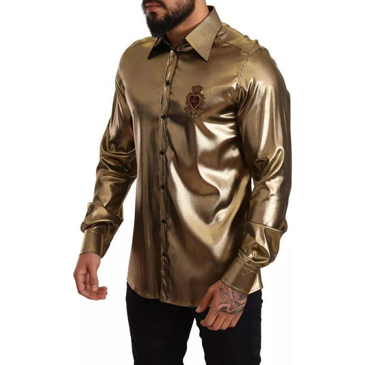 Dolce & Gabbana Metallic Gold DG Embroidered Crown Silk Top Shirt Dolce & Gabbana